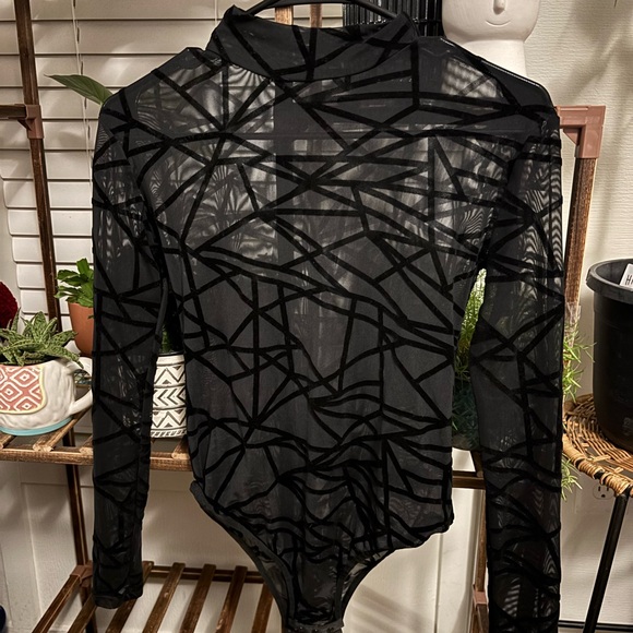 Tops - Black Geometric Sheer Bodysuit